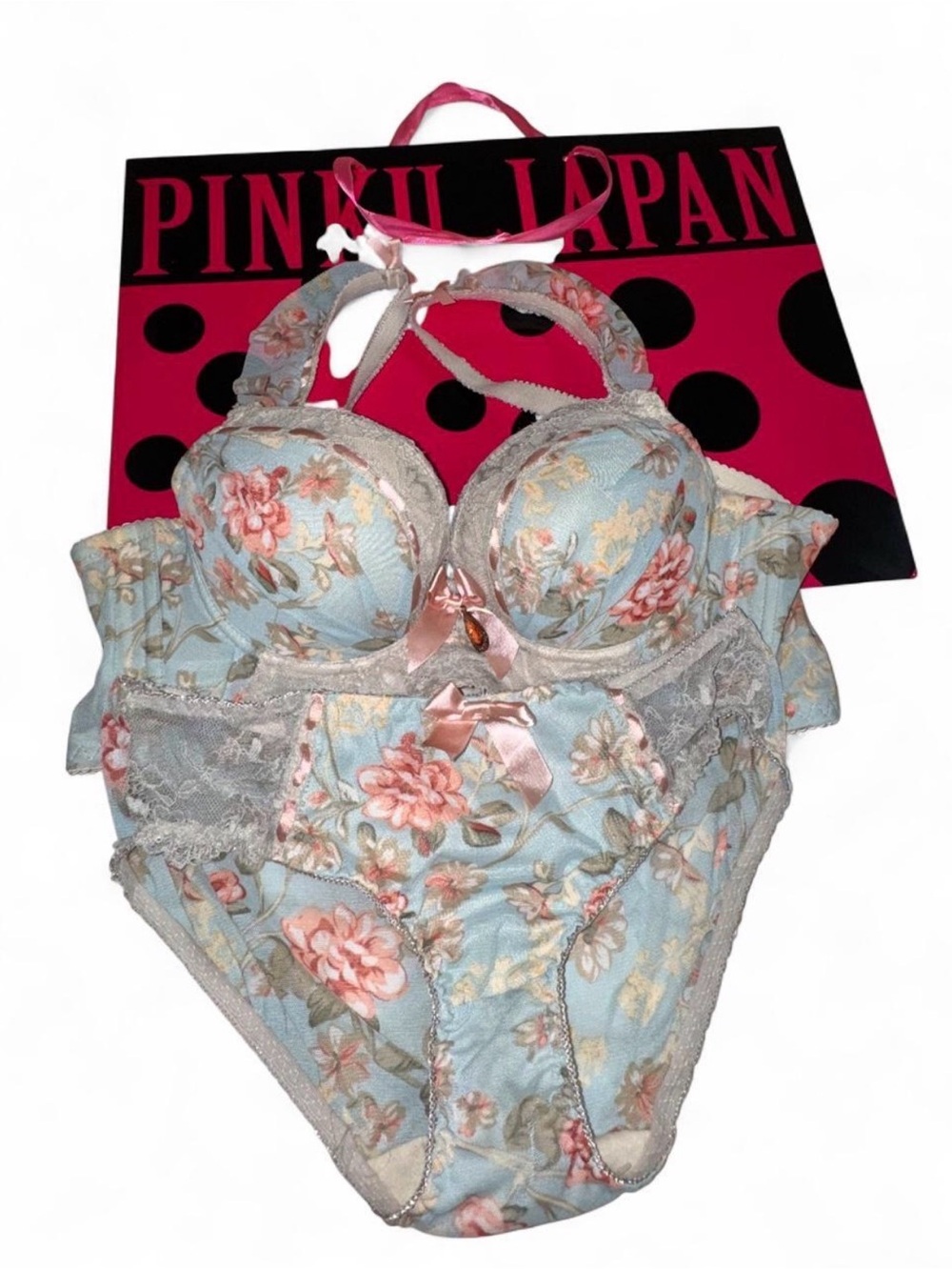 Rare Pinku Japan Floral Lace Bra & Panty Set - Light Blue